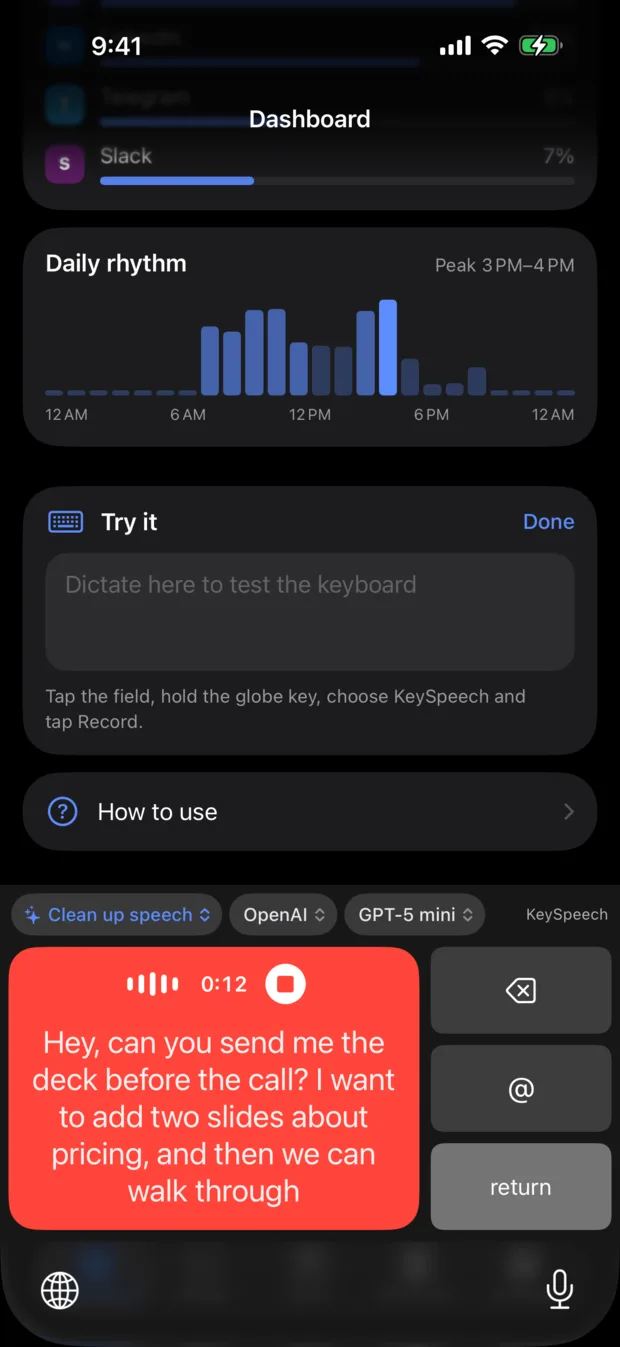 The voice keyboard dictating: template, provider and model chips on top, the words appearing on the red Record key