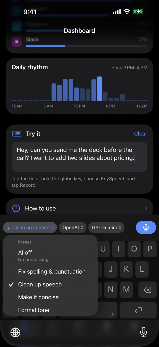The keyboard's template menu open: AI off, Fix spelling and punctuation, Clean up speech, Make it concise, Formal tone