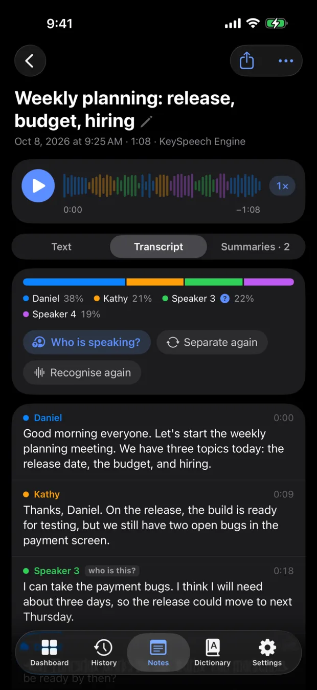 A meeting note on its Transcript tab: the player with a waveform colored by speaker, each speaker's share and their lines