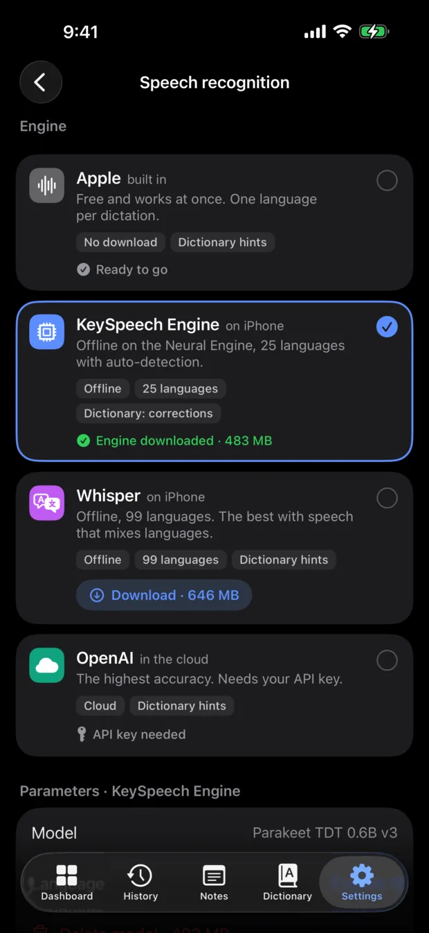 Speech recognition settings with four engines: Apple, KeySpeech Engine, Whisper and OpenAI